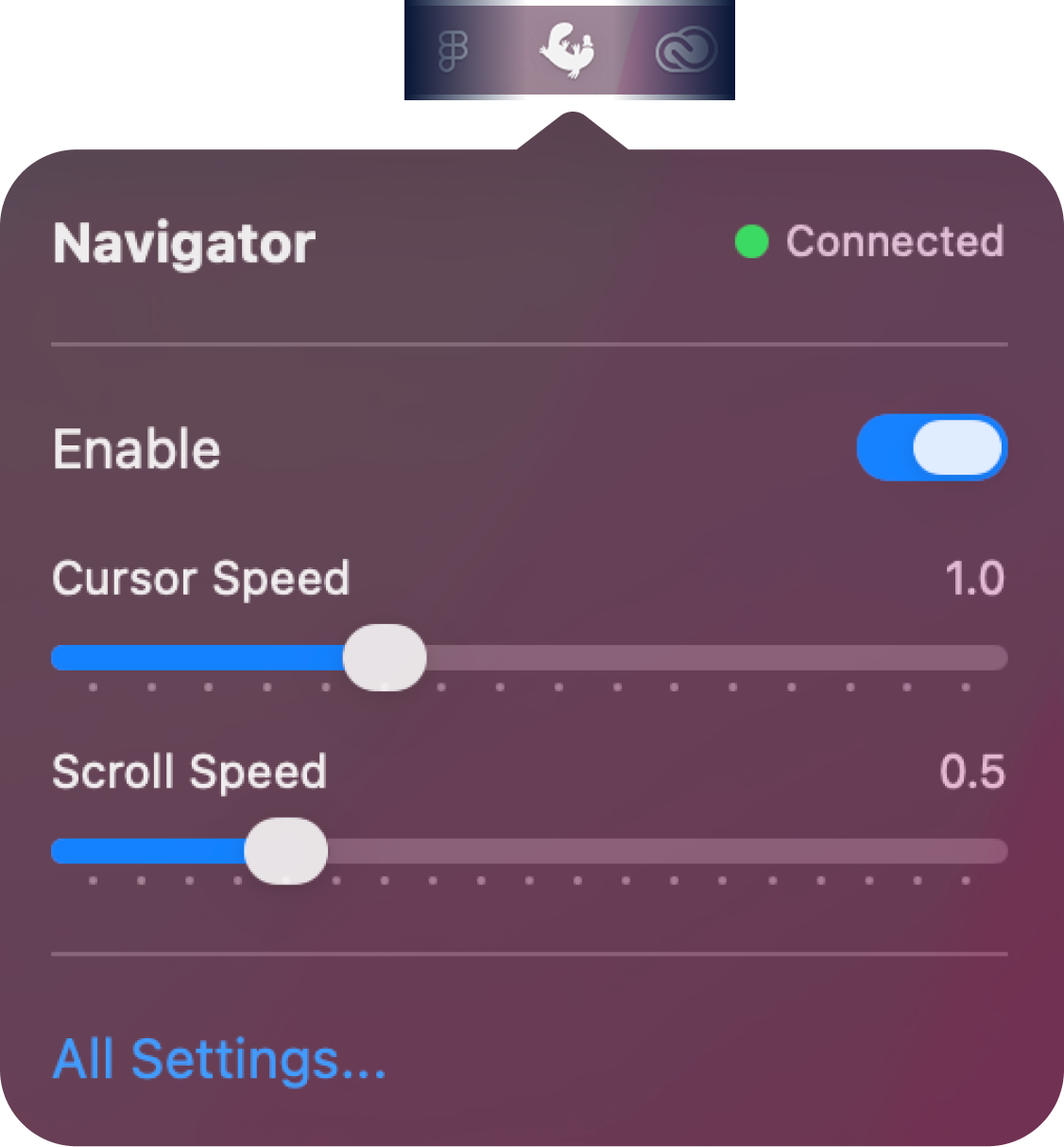 Navigator settings panel showing cursor speed and scroll speed sliders