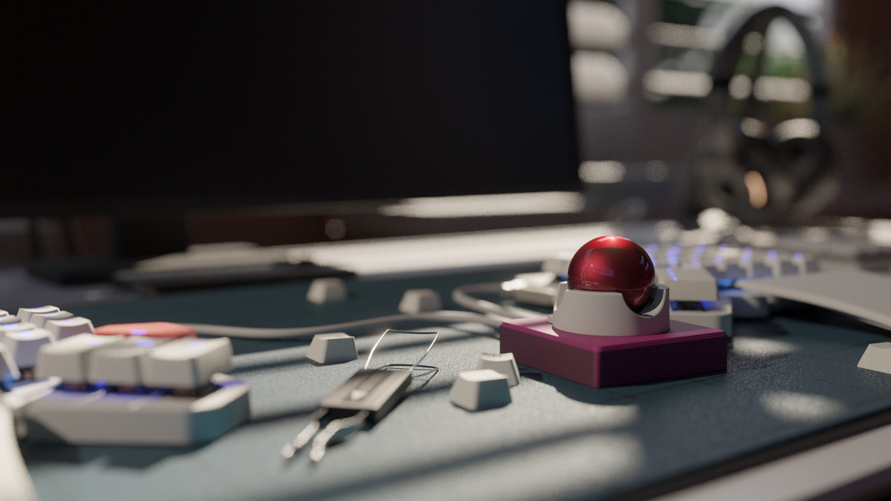 A custom 3d printed shell for the navigator, placed in between the two splits of a Moonlander keyboard.