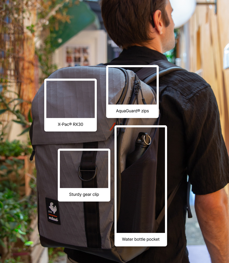 A lifestyle shot of someone wearing the sleek, minimalist ZSA Backpack in an urban environment.