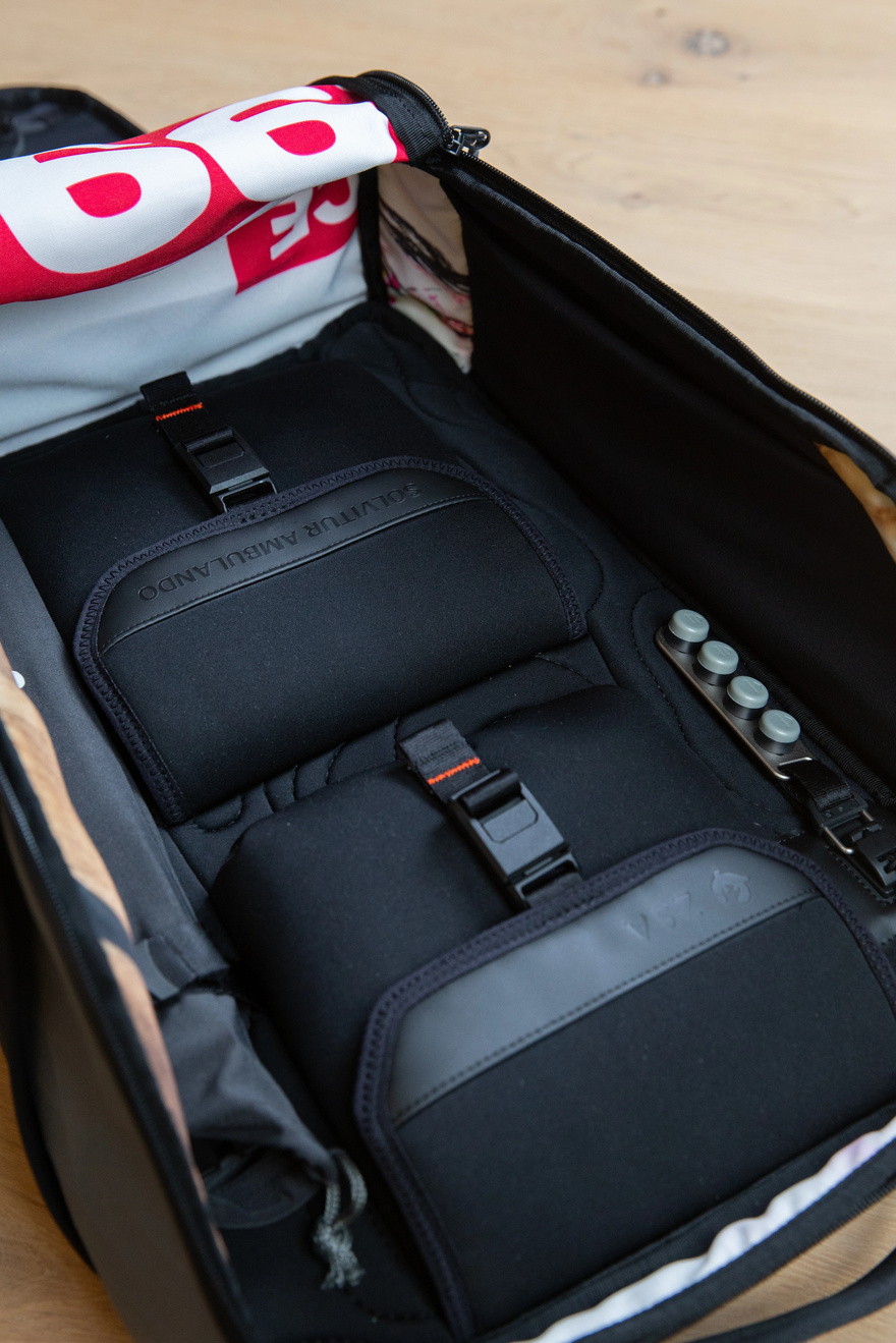 ZSA Backpack shown from the side, demonstrating its slim profile even when fully packed.